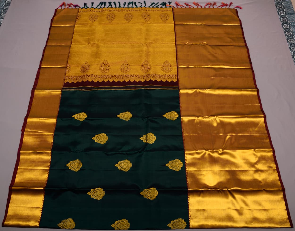 Bottle Green Color Handmade Kanchipuram Pure Silk Custom Sized Ready To Wear Saree - Panaash Saree