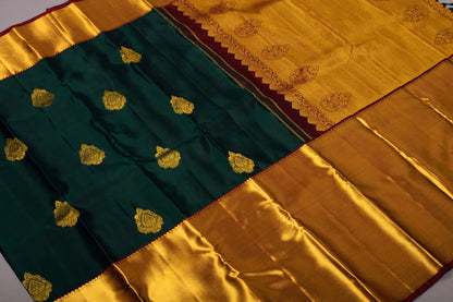 Bottle Green Color Handmade Kanchipuram Pure Silk Custom Sized Ready To Wear Saree - Panaash Saree