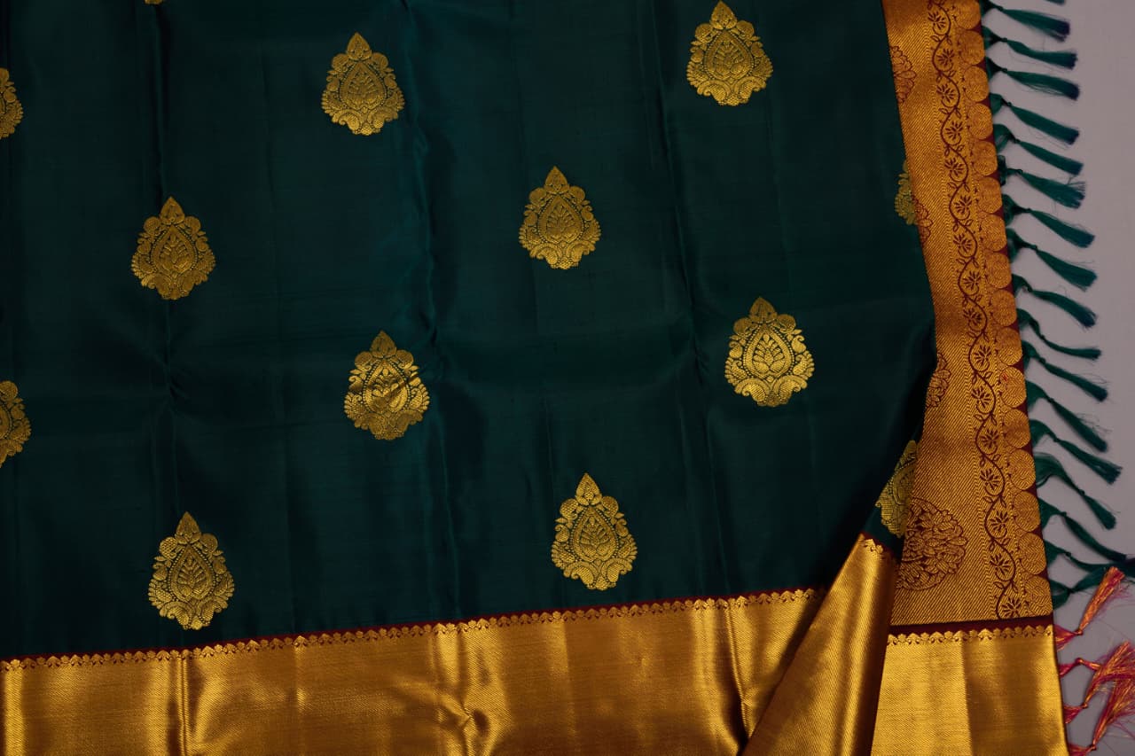 Bottle Green Color Handmade Kanchipuram Pure Silk Custom Sized Ready To Wear Saree - Panaash Saree