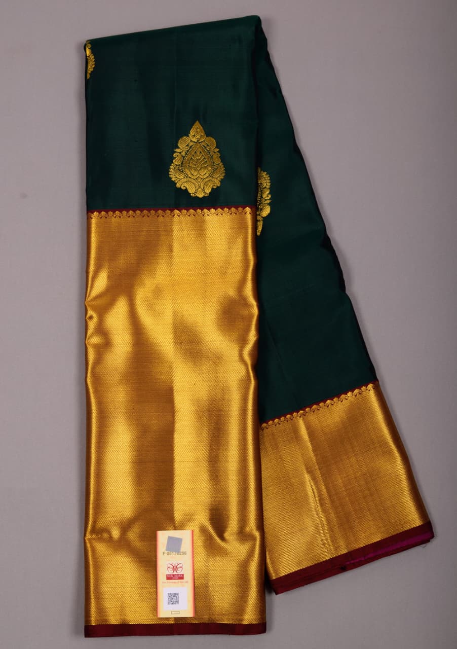 Bottle Green Color Handmade Kanchipuram Pure Silk Custom Sized Ready To Wear Saree - Panaash Saree