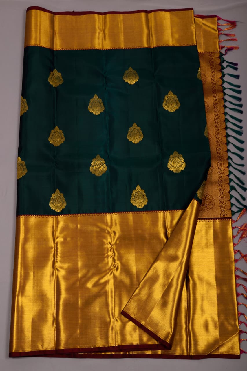 Bottle Green Color Handmade Kanchipuram Pure Silk Custom Sized Ready To Wear Saree - Panaash Saree