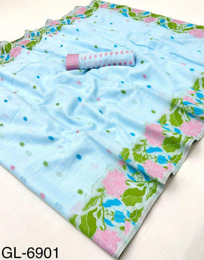 Sky Blue Linen Office Ready To Wear/Easy Saree - Panaash Saree