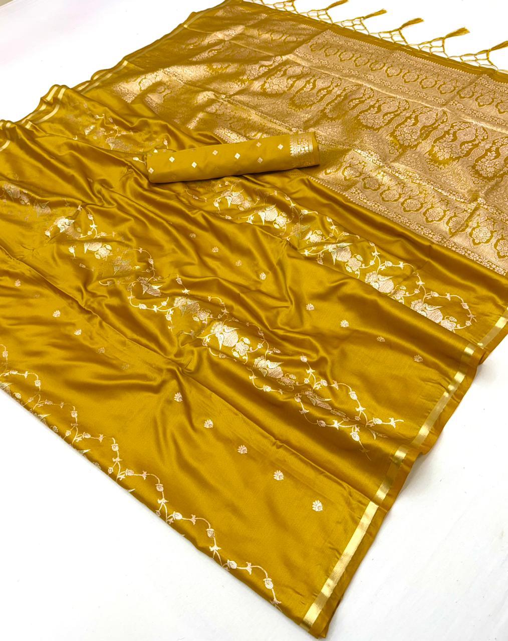 Mustard Yellow Satin Silk Ready To Wear/Easy Saree by Stylebypanaash 
