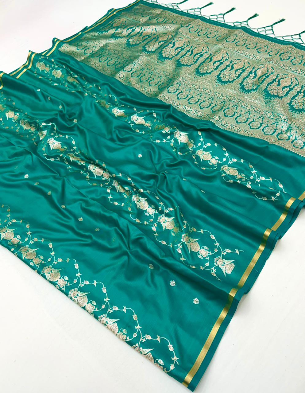 Green Satin Silk Ready To Wear/Easy Saree by Stylebypanaash 