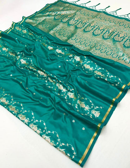 Green Satin Silk Ready To Wear/Easy Saree by Stylebypanaash 