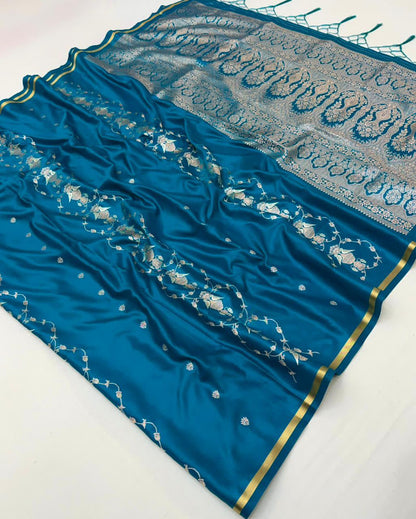Teal Blue Satin Silk Ready To Wear/Easy Saree by Stylebypanaash 