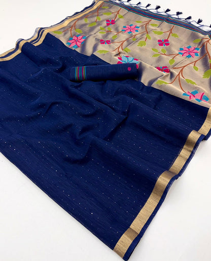 Navy Blue Munga Silk Ready To Wear/Easy Saree by Stylebypanaash 