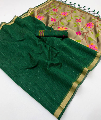 Green Munga Silk Ready To Wear/Easy Saree by Stylebypanaash 