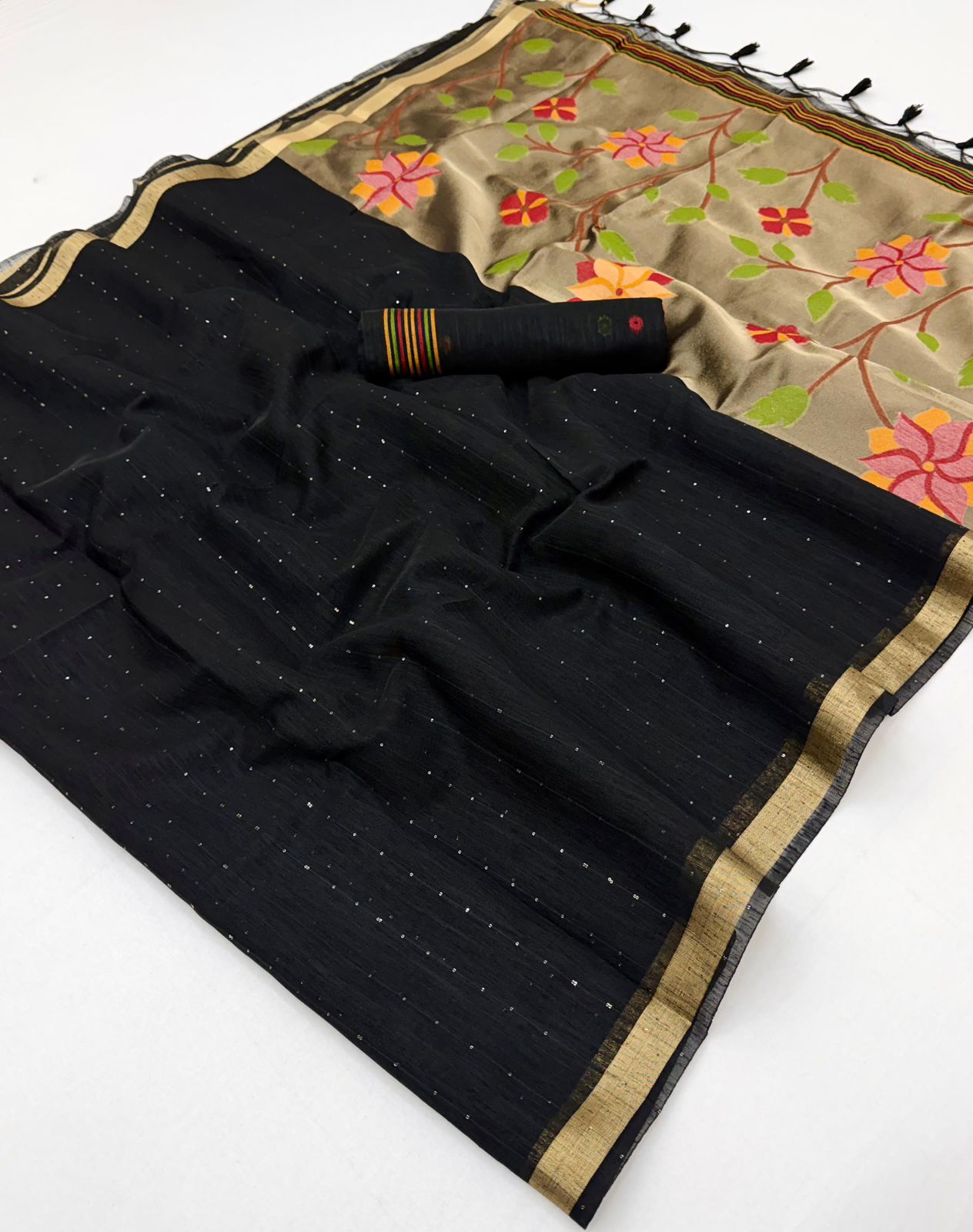 Black Munga Silk Ready To Wear/Easy Saree by Stylebypanaash 