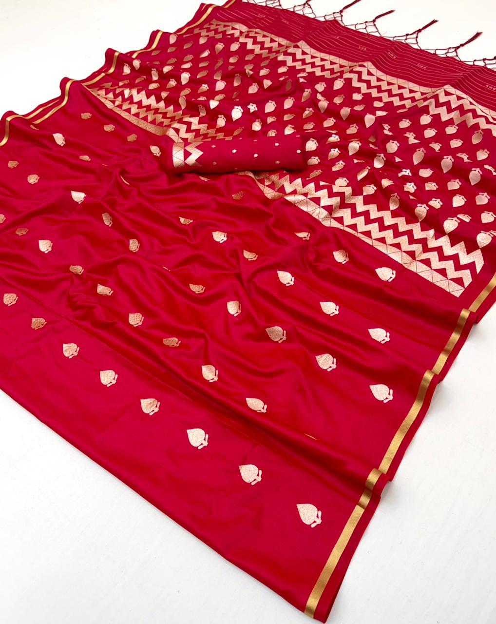 Bright Red Satin Silk Ready To Wear/Easy Saree by Stylebypanaash 