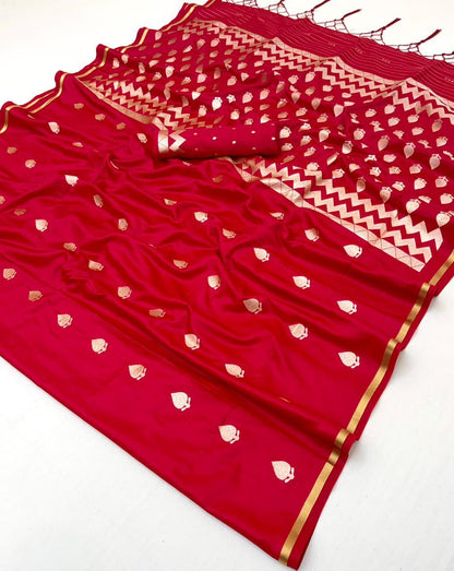Bright Red Satin Silk Ready To Wear/Easy Saree by Stylebypanaash 