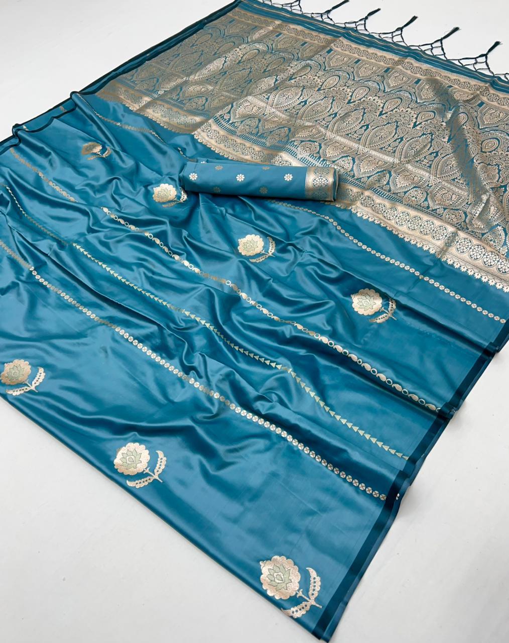 Teal Blue Satin Silk Ready To Wear/Easy Saree by Stylebypanaash
