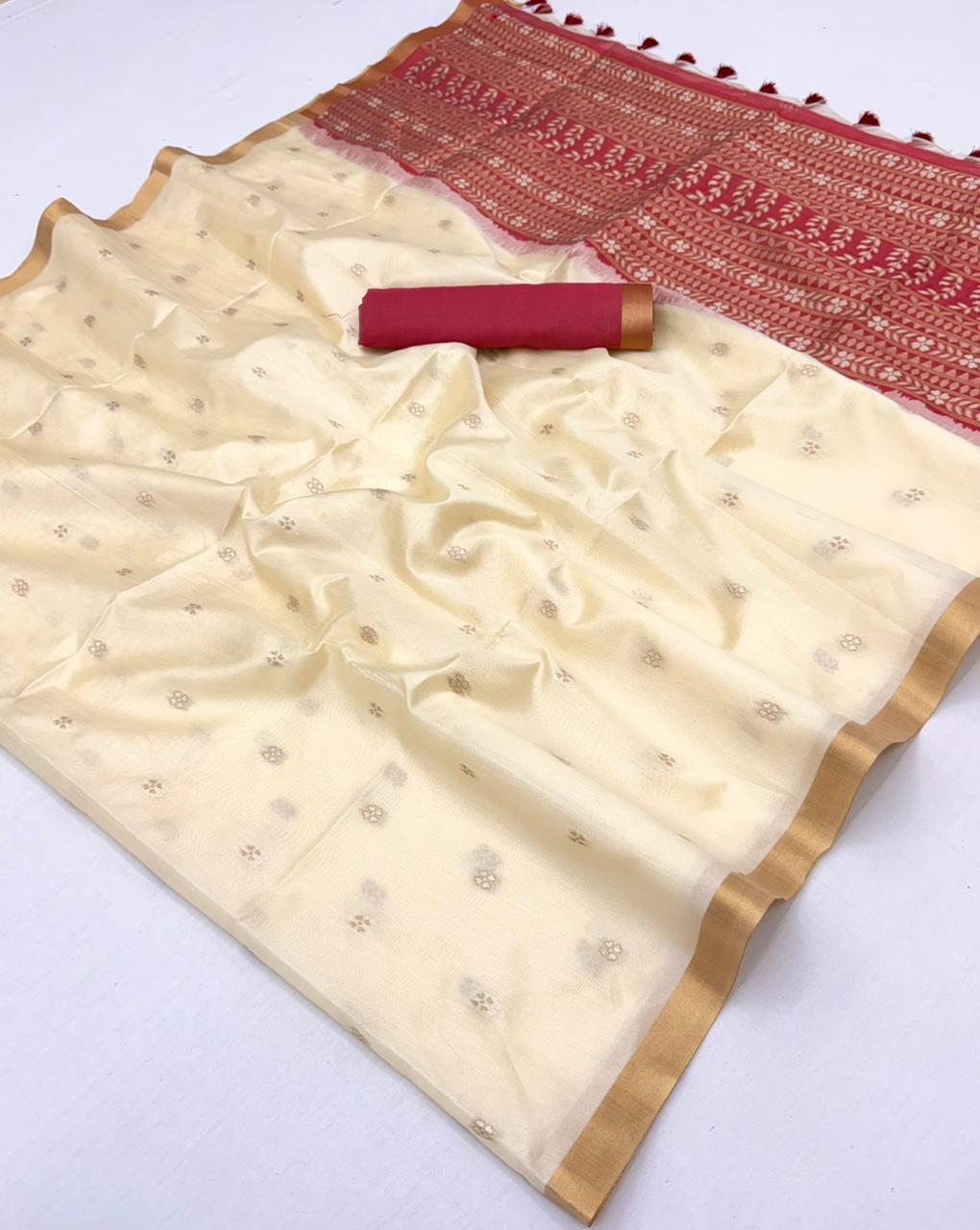 Ivory Munga Silk Ready To Wear/Easy Saree