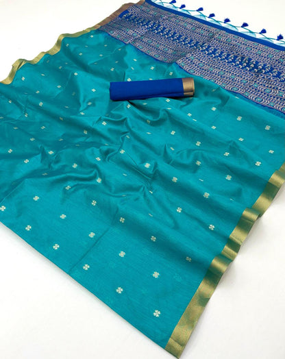 Turquoise Munga Silk Ready To Wear/Easy Saree