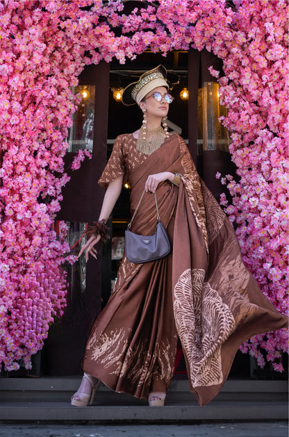Brown Crepe Silk Casual Readymade/Easy Saree