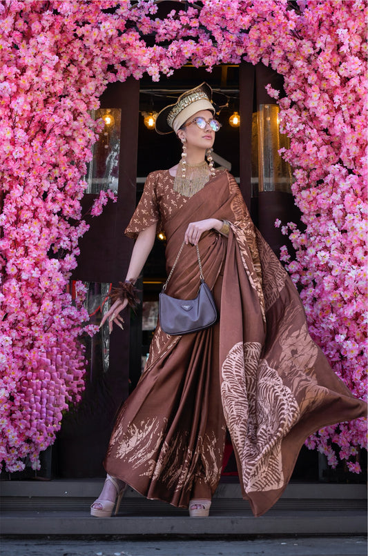 Brown Crepe Silk Casual Readymade/Easy Saree