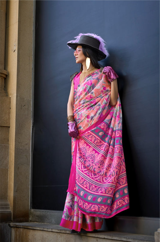 Pink Crepe Silk Casual Readymade/Easy Saree