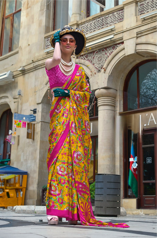 Yellow & Pink Crepe Silk Casual Readymade/Easy Saree