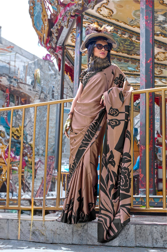 Brown Crepe Silk Casual Readymade/Easy Saree