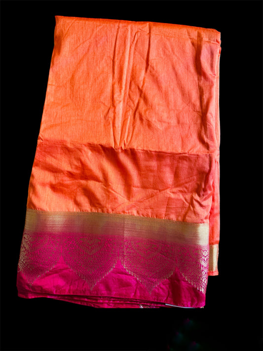 Orange Pink Plain Silk Readymade/Easy Saree (Clearance)