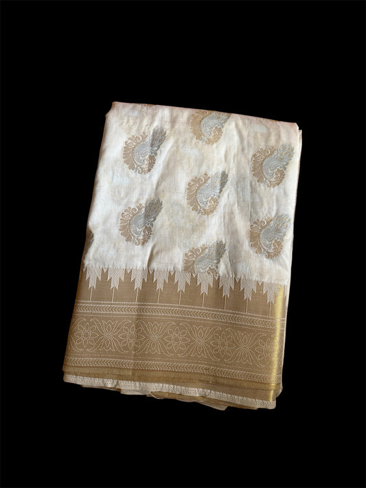 Off White Raw Silk Readymade Saree (Clearance)