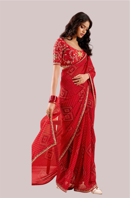 Red Georgette Readymade/Easy Saree - Panaash Saree