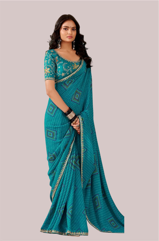 Turquoise Georgette Readymade/Easy Saree - Panaash Saree
