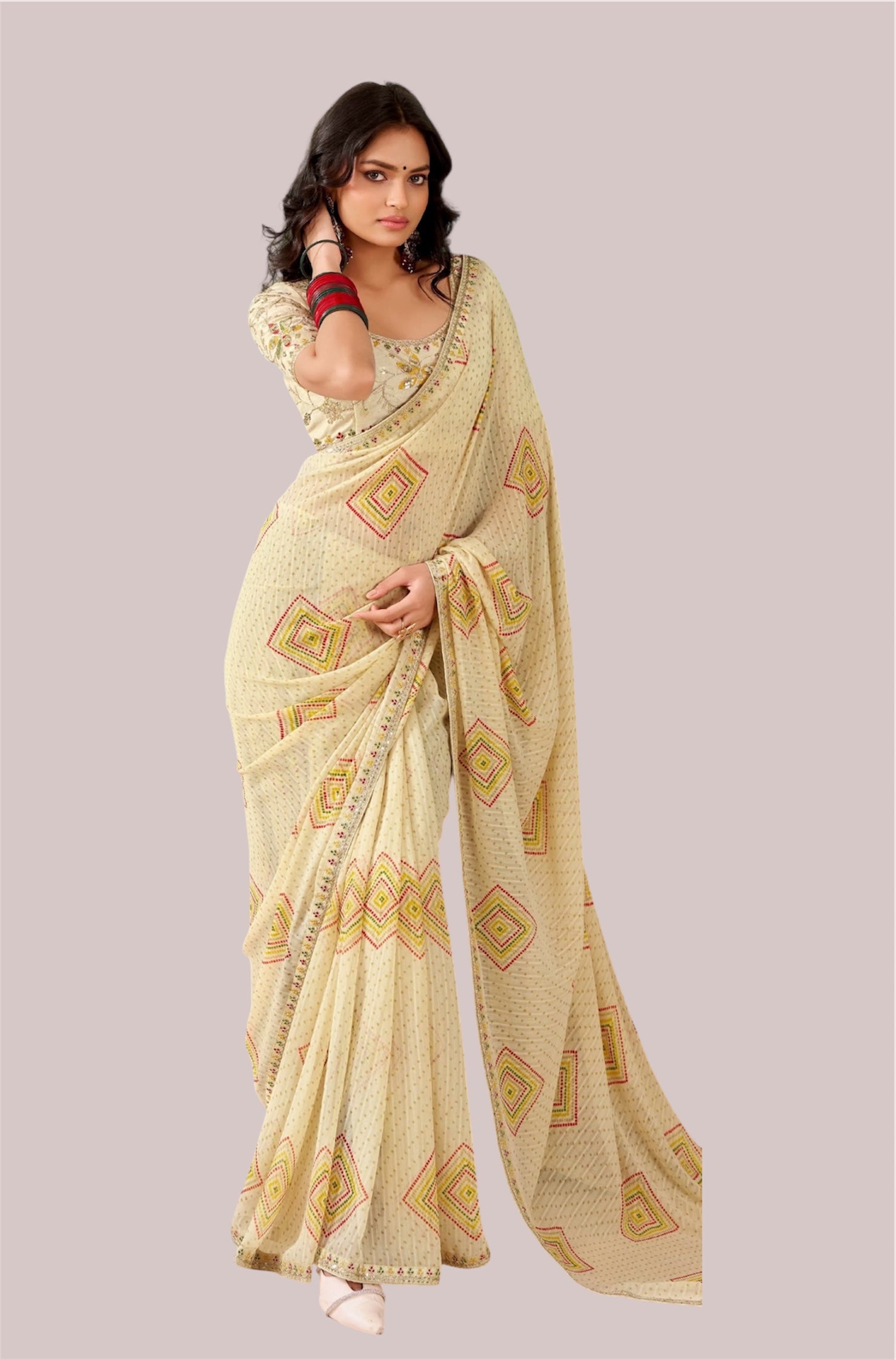 Off-White Georgette Readymade/Easy Saree - Panaash Saree