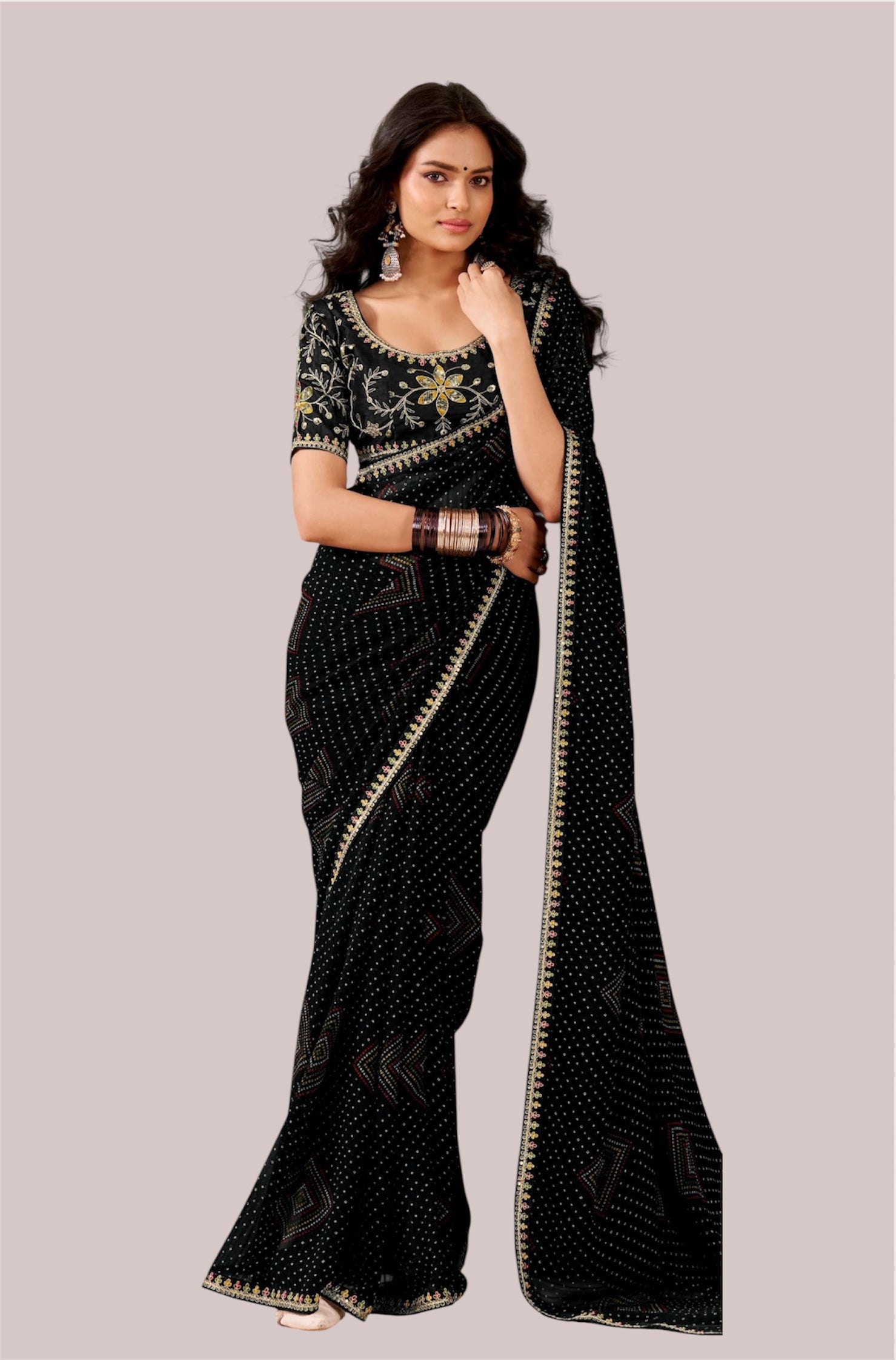 Black Georgette Readymade/Easy Saree - Panaash Saree