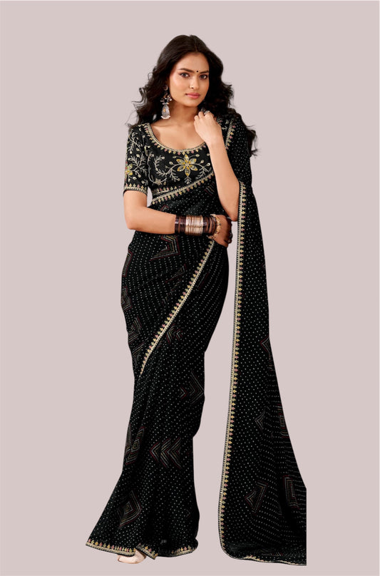 Black Georgette Readymade/Easy Saree - Panaash Saree