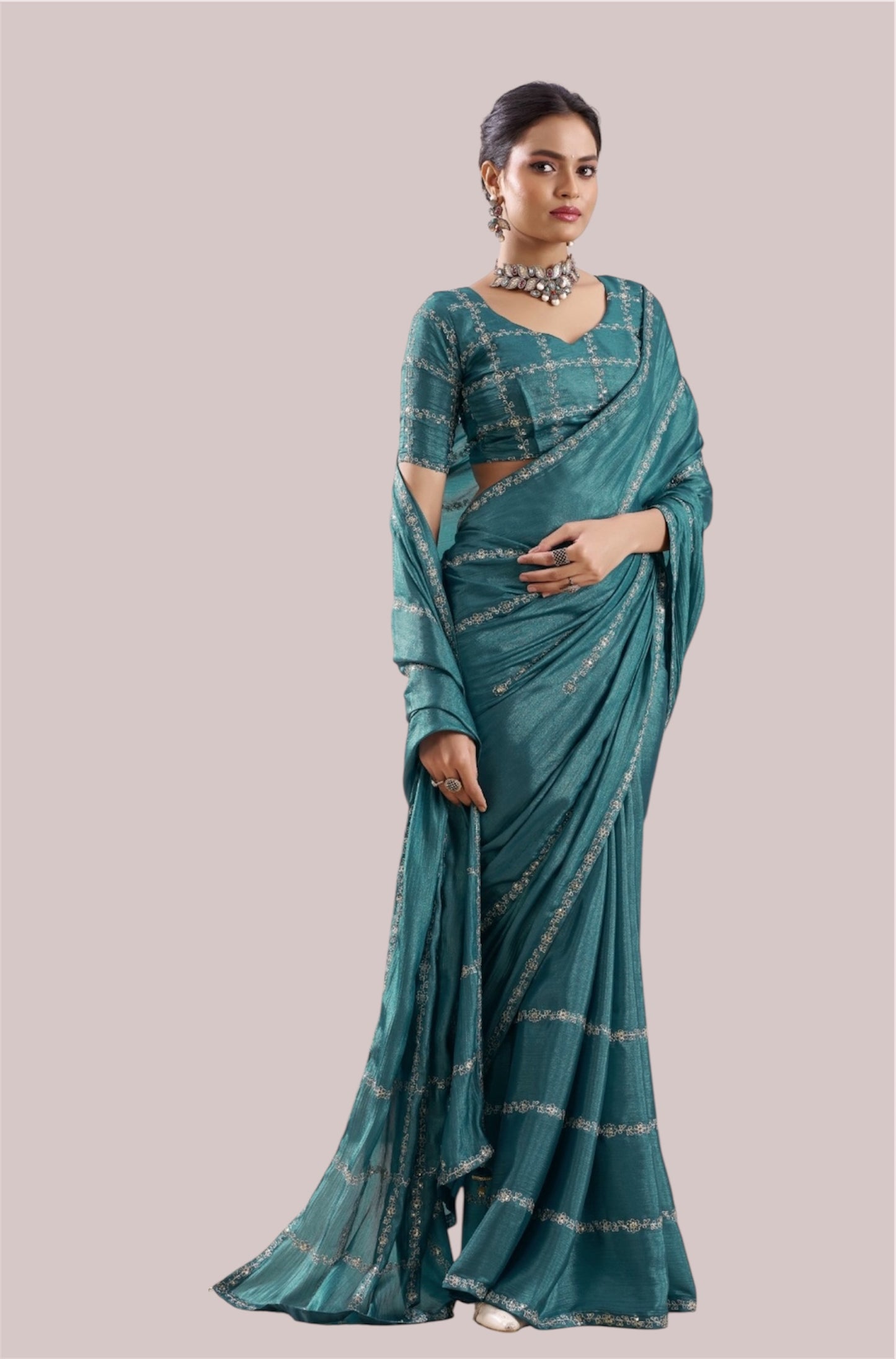 Turquoise Georgette Readymade/Easy Saree - Panaash Saree