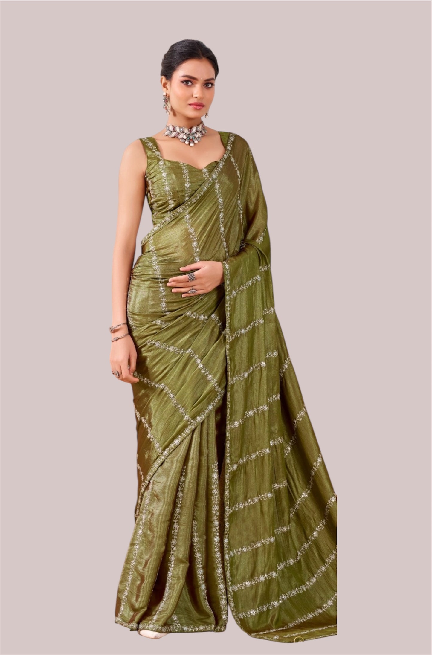 Olive Green Georgette Readymade/Easy Saree - Panaash Saree