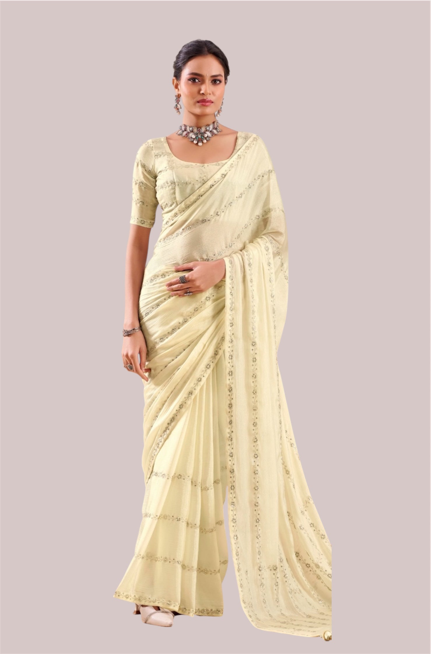 Off-White Georgette Readymade/Easy Saree - Panaash Saree