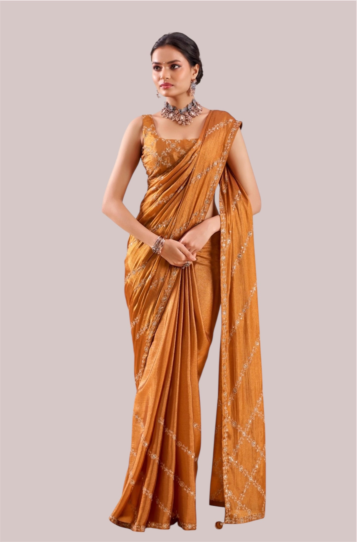 Golden Color Georgette Readymade/Easy Saree - Panaash Saree