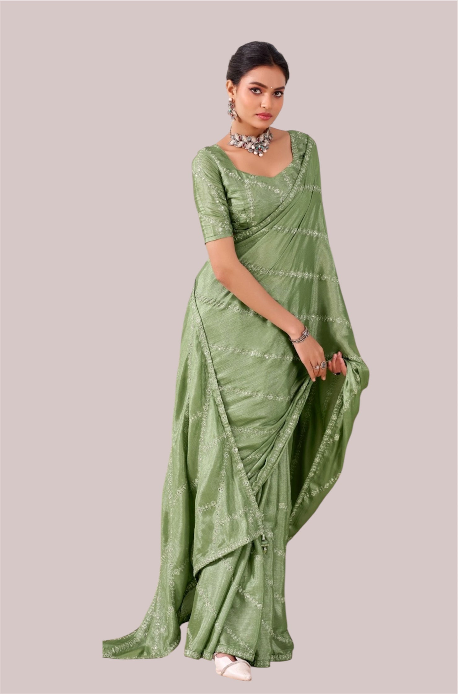 Light Green Georgette Readymade/Easy Saree - Panaash Saree