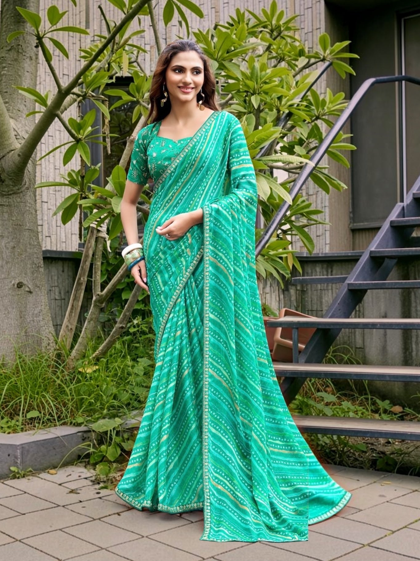 Sea Green Chiffon Ready To Wear/Easy Saree