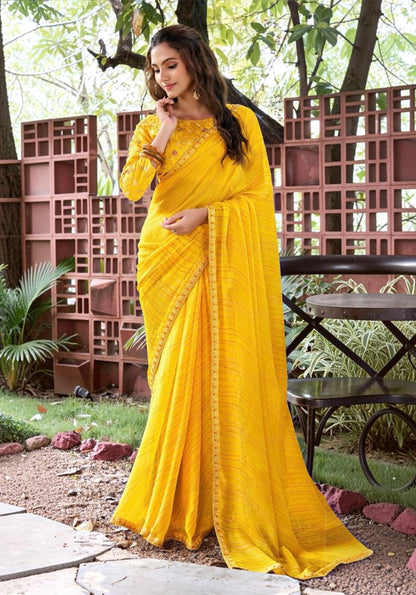 Yellow chiffon ready-to-wear saree, full-length drape with floral motifs