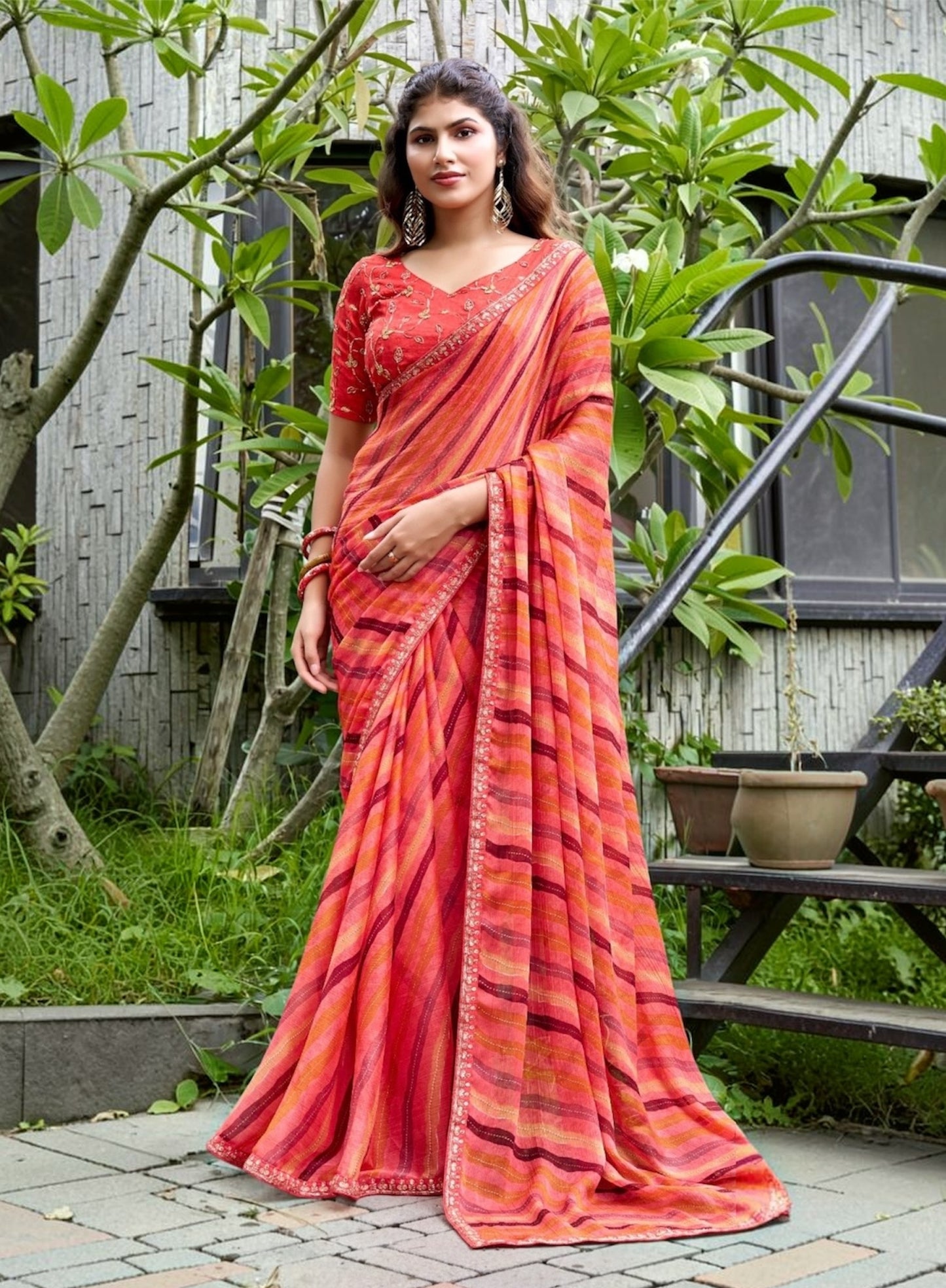 Coral Chiffon Ready To Wear/Easy Saree by Stylebypanaash 