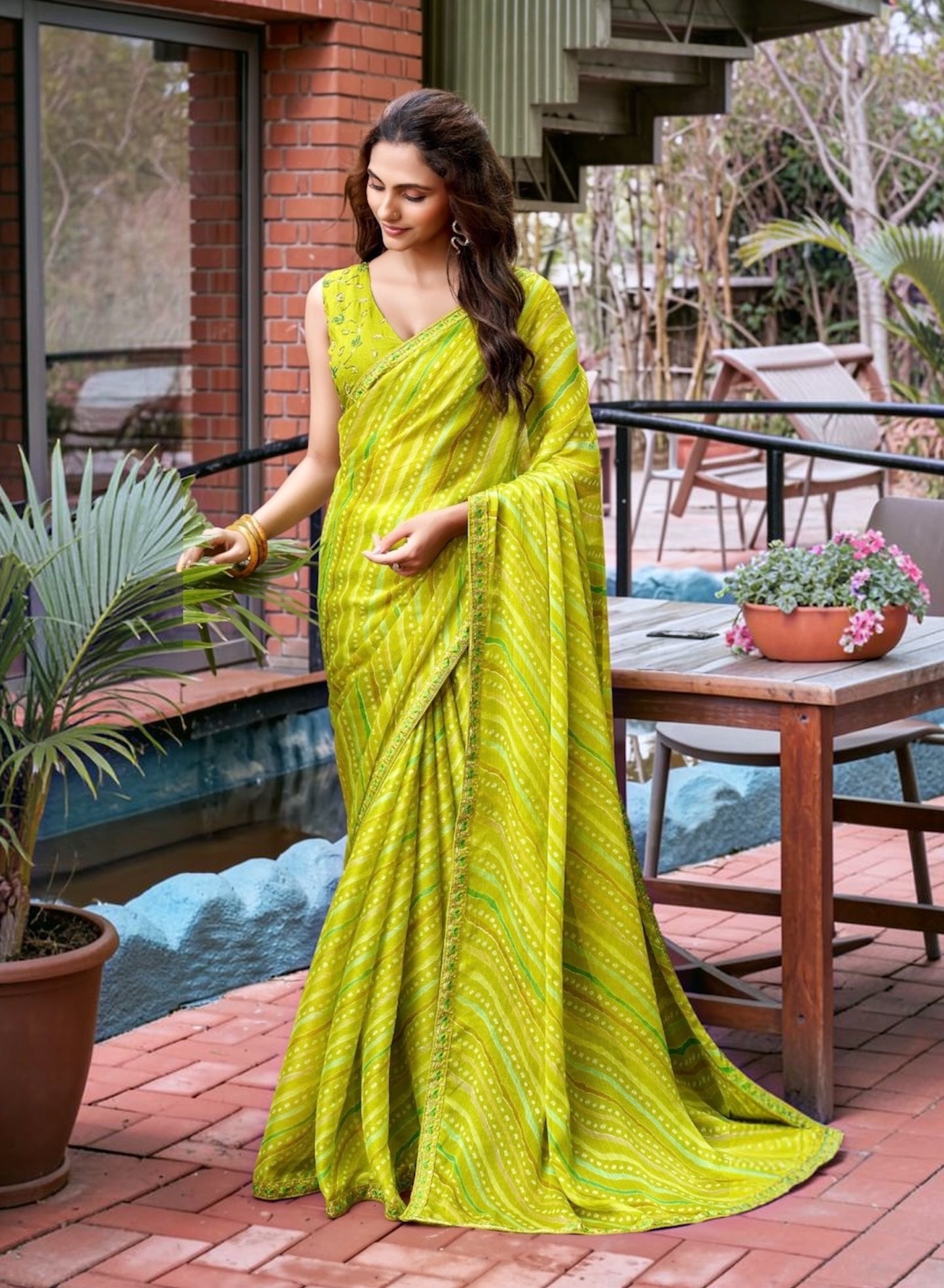 Lime Green Chiffon Ready To Wear/Easy Saree by Stylebypanaash 