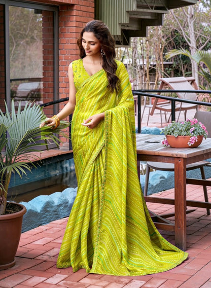 Lime Green Chiffon Ready To Wear/Easy Saree by Stylebypanaash 