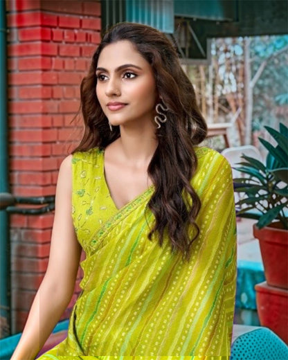 Lime Green Chiffon Ready To Wear/Easy Saree by Stylebypanaash 