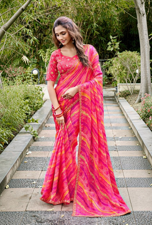 Hot pink chiffon saree, full drape with multicolor stripes and gold trim