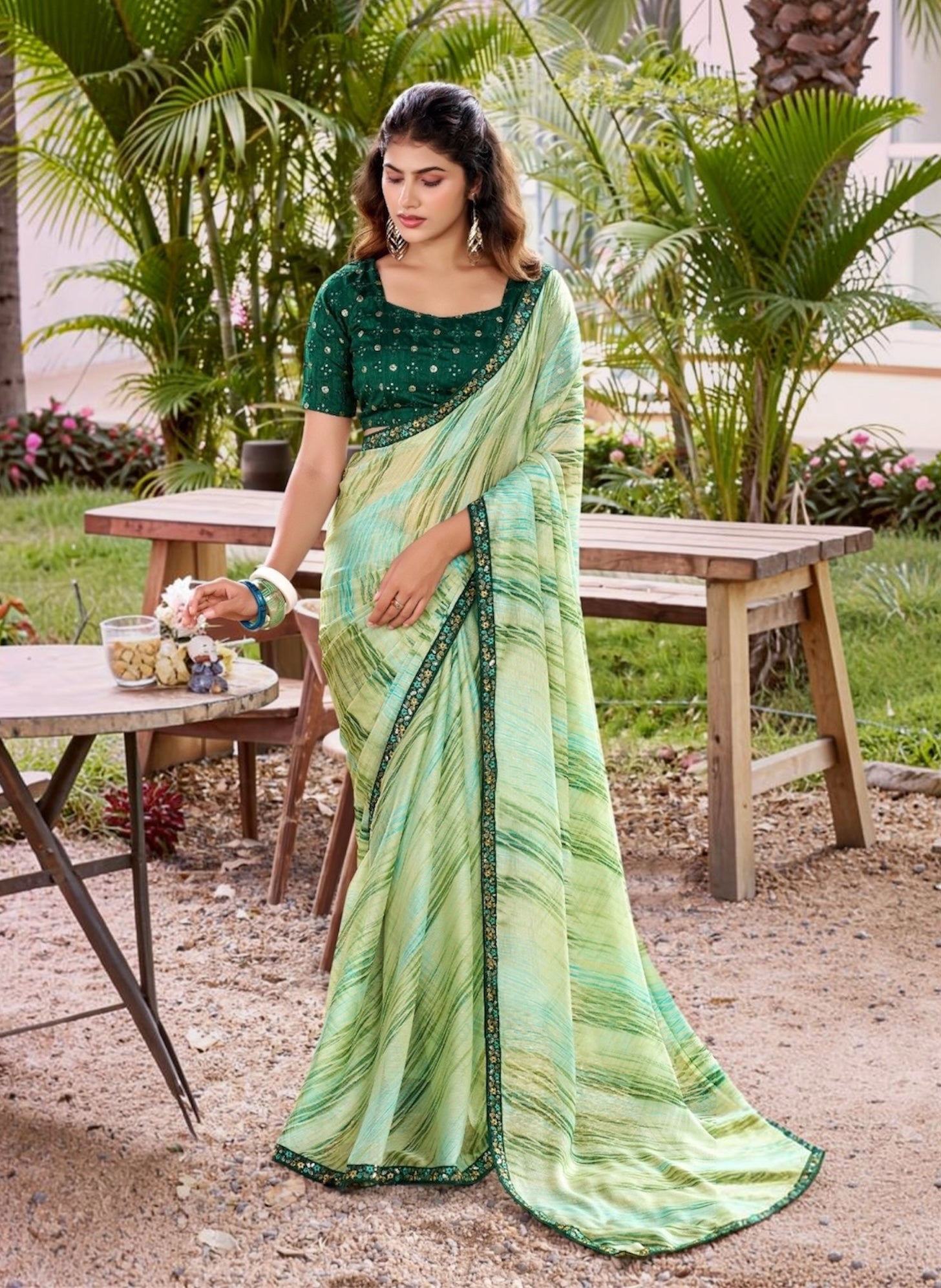 Mint Green Chiffon Ready To Wear/Easy Saree by Stylebypanaash 