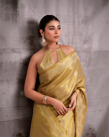 Beige Tissue Silk Ready To Wear/Easy Saree by Stylebypanaash 