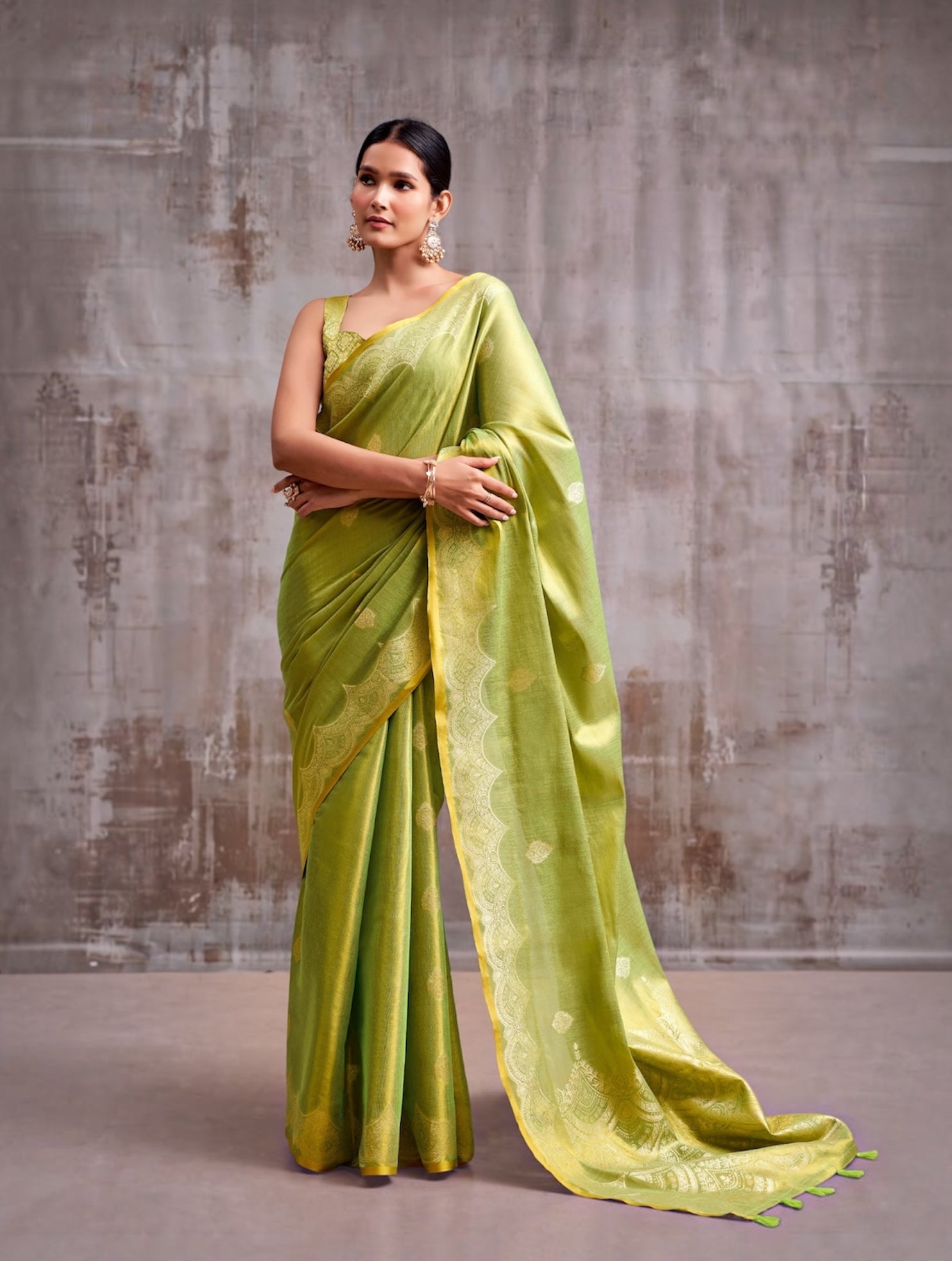 Leaf Green Tissue Silk Ready To Wear/Easy Saree by Stylebypanaash