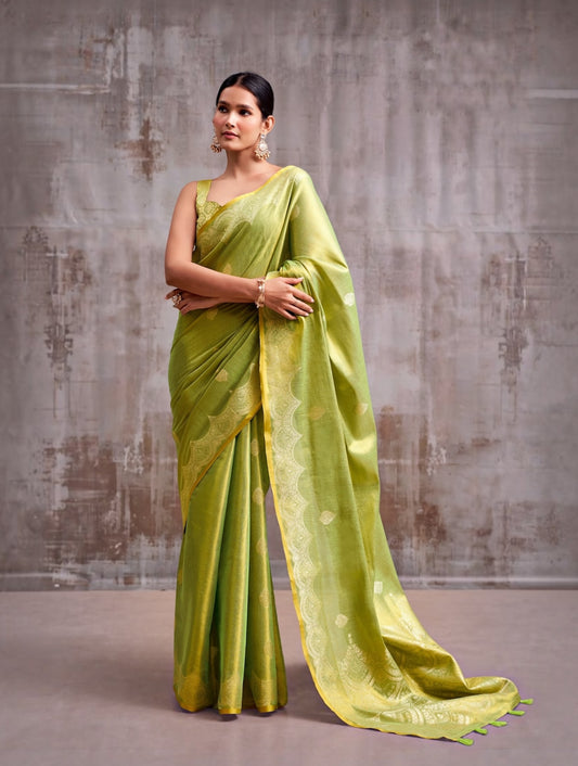 Leaf green tissue silk ready-to-wear easy saree, full length drape with ornate border