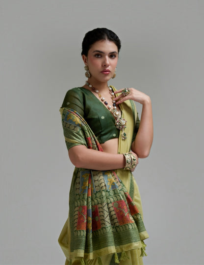 Light Olive Green Cotton Ready To Wear/Easy Saree by Stylebypanaash 
