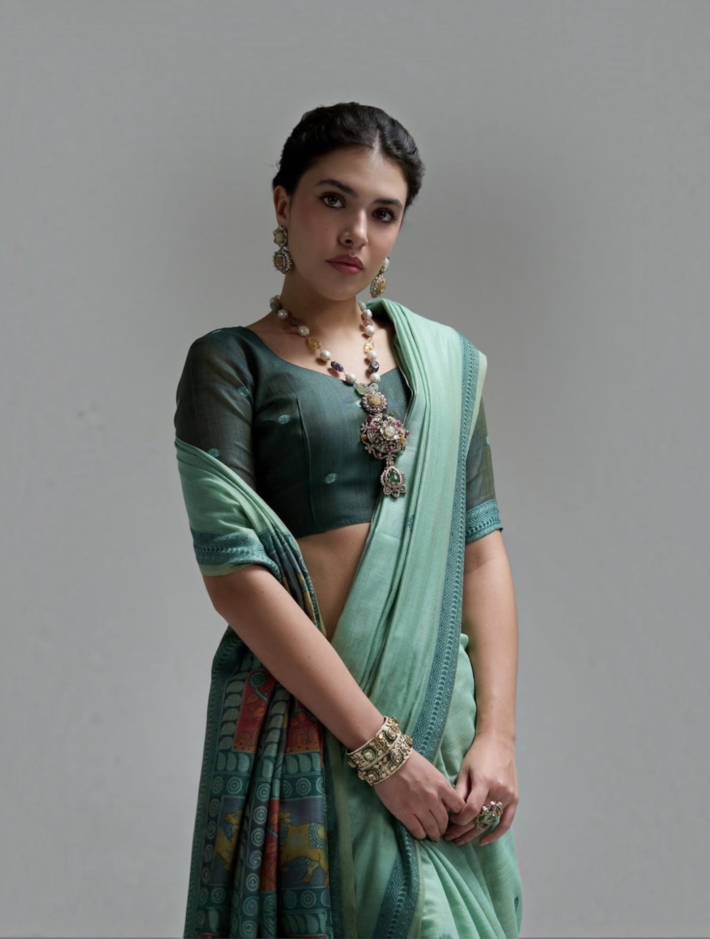 Mint Green Cotton Ready To Wear/Easy Saree by Stylebypanaash  