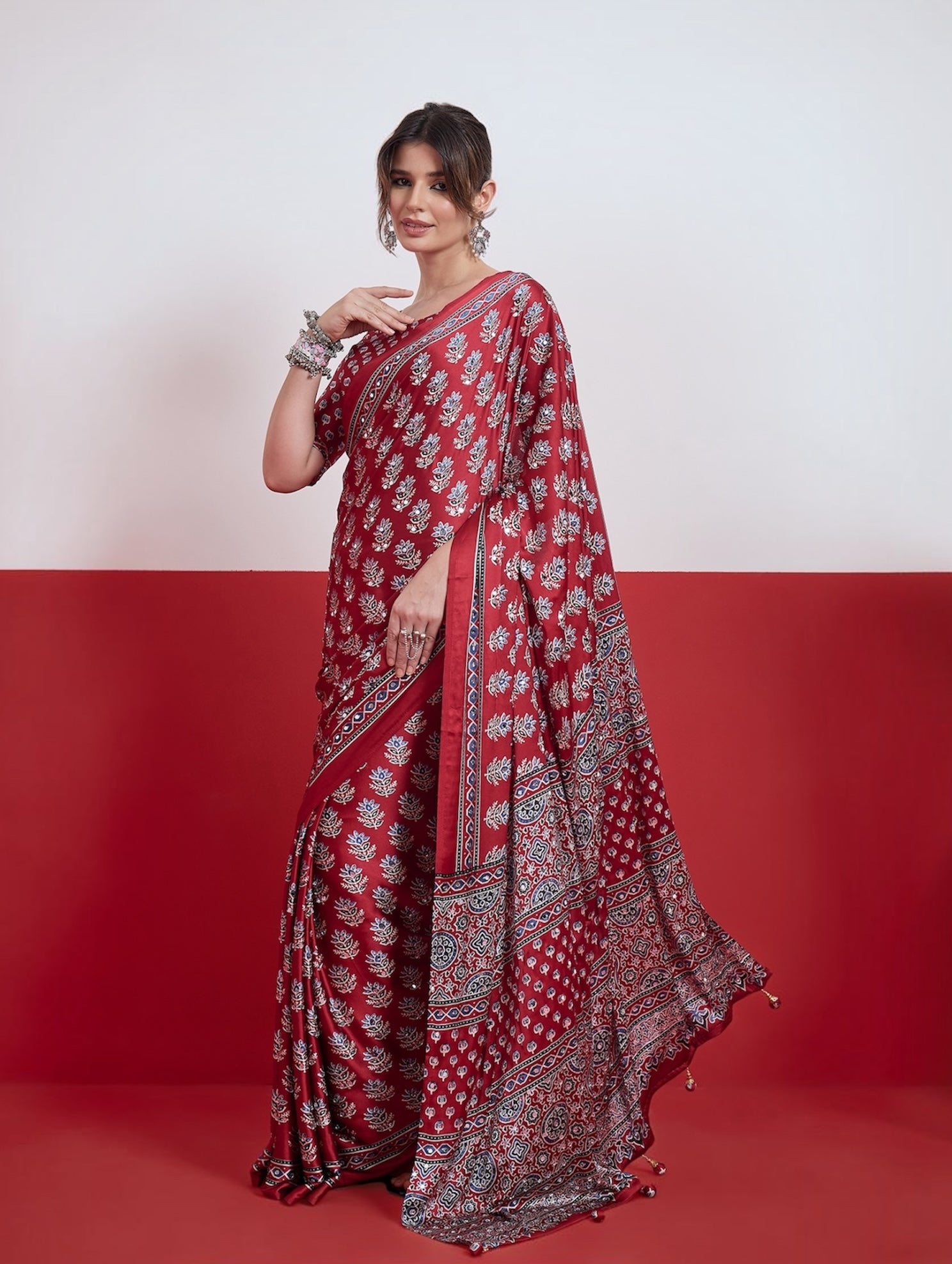 Red Mirror Crepe Silk Ready To Wear/Easy Saree by Stylebypanaash 