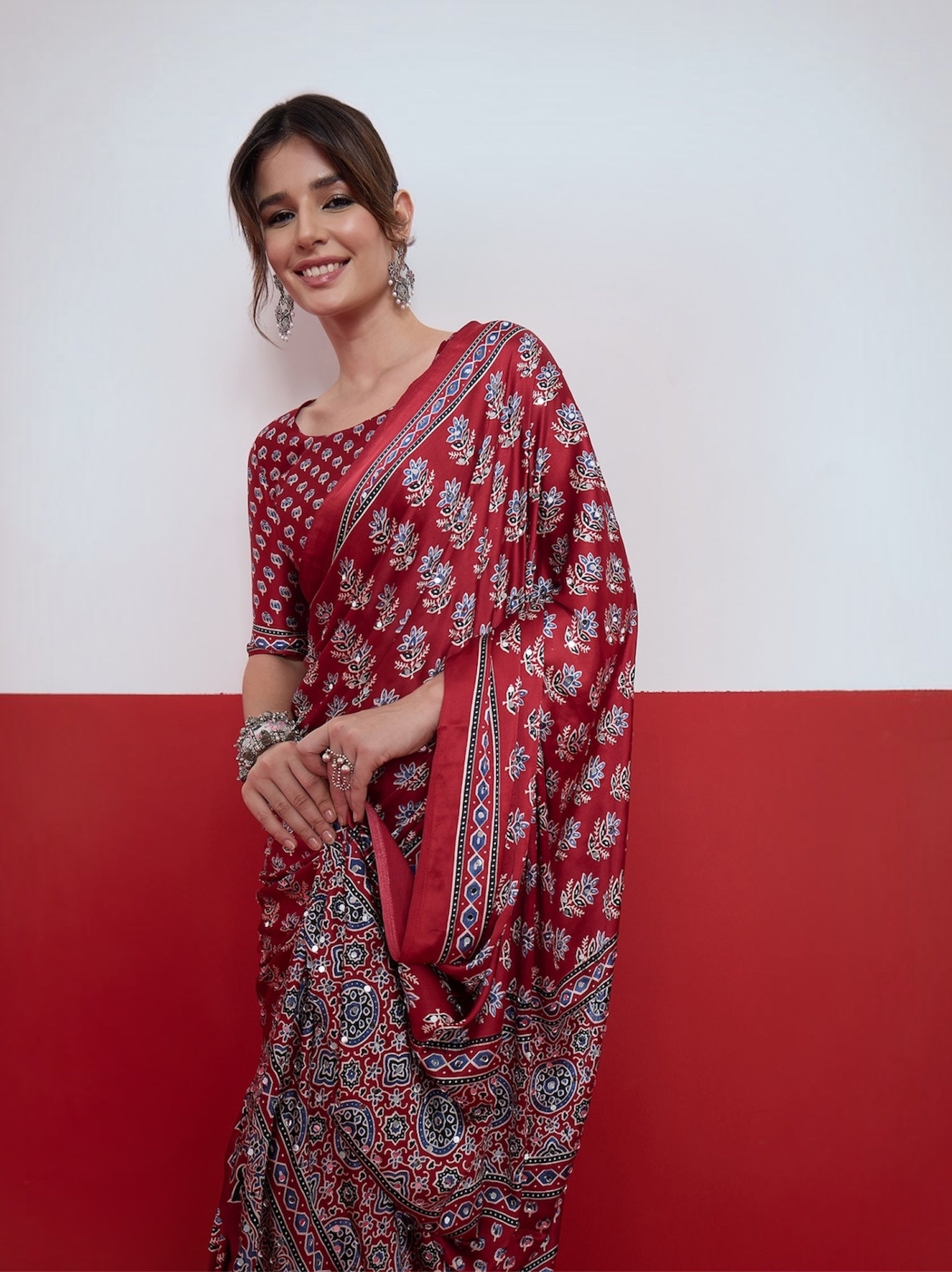 Red Mirror Crepe Silk Ready To Wear/Easy Saree by Stylebypanaash 